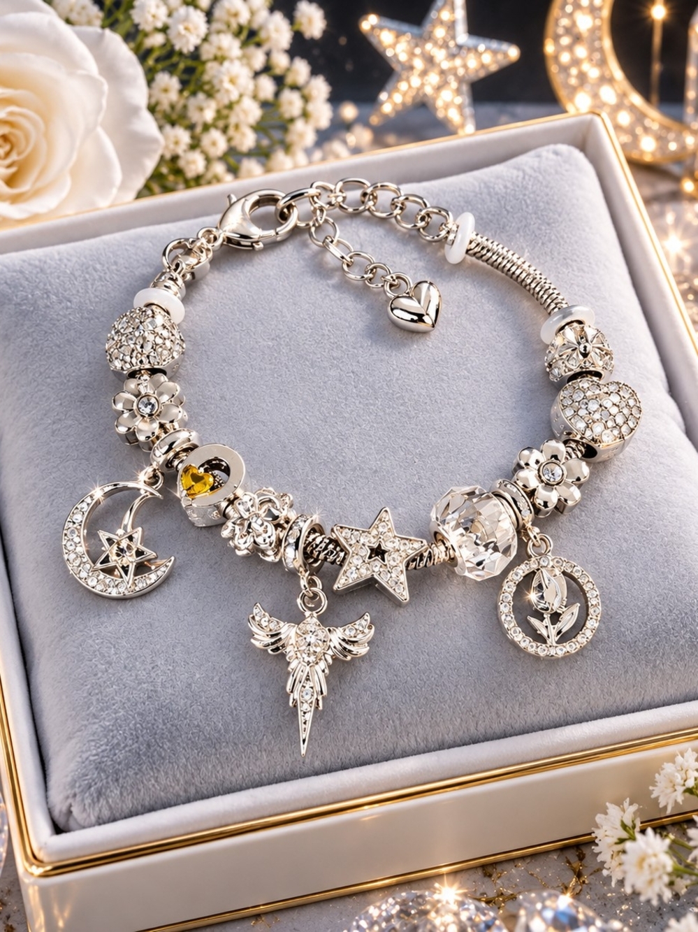 Silver Charm Bracelet with Star, Moon & Angel Pendants - White Crystal Accents